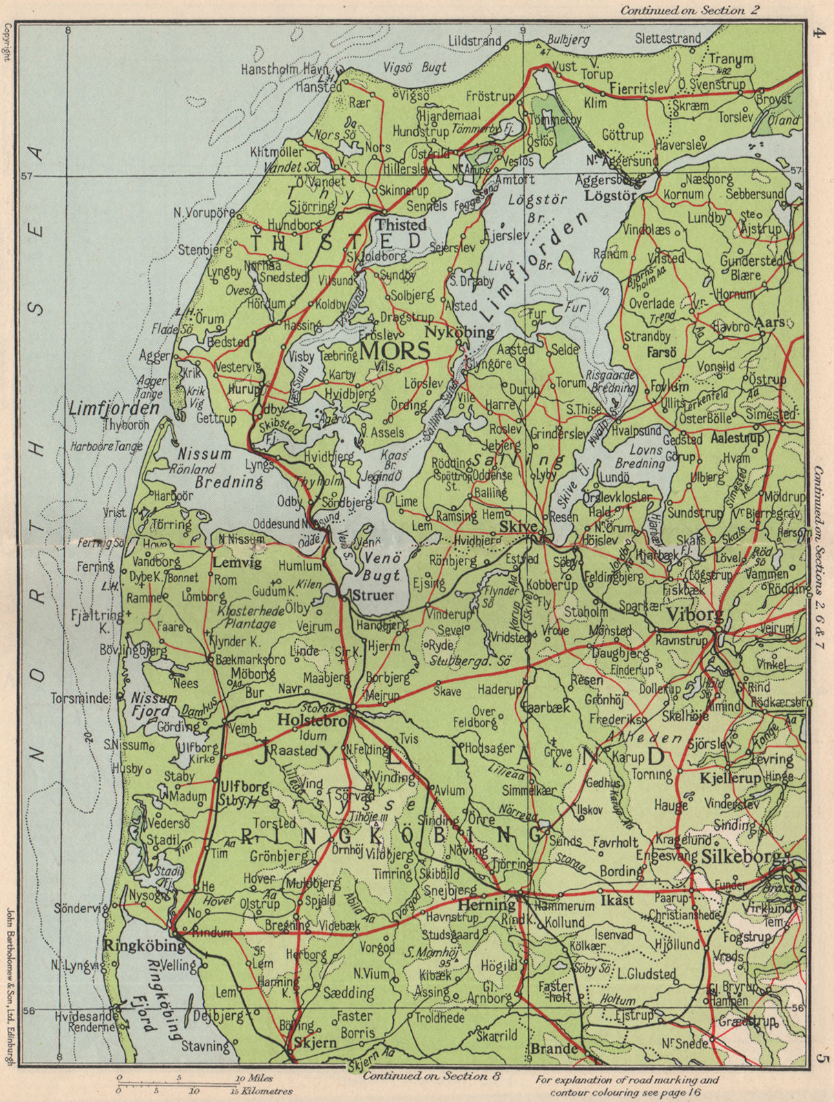 NORTH WEST JUTLAND. Viborg Ringkobing Mors Silkeborg Skive. Denmark 1955 map